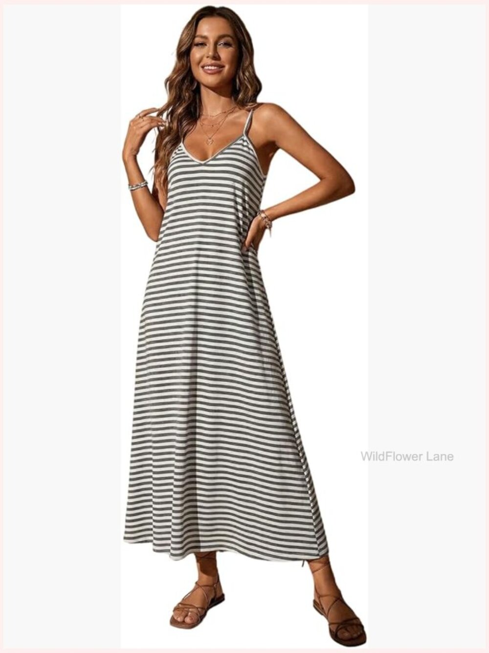 Striped Maxi Dress Deep V Neck Spaghetti Strap Sleeveless Casual